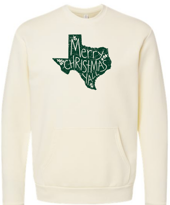 Merry Christmas Y'all Natural Crew Pocket Sweatshirt